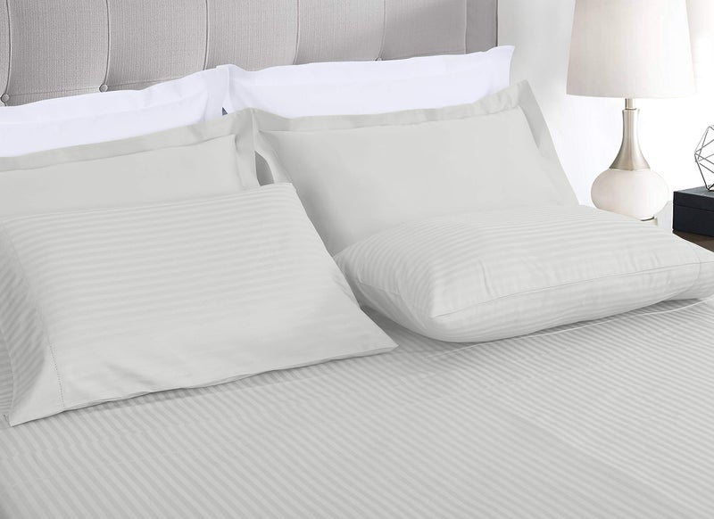 Threadmill 100% Cotton Sheets for King Size Bed - 600 Thread Count King Bed Sheets Set with 16â€ Deep Pocket - Damask Stripe Sateen Weave 4-Piece Bedding Set with Cooling Effect, Light Grey - Image 2